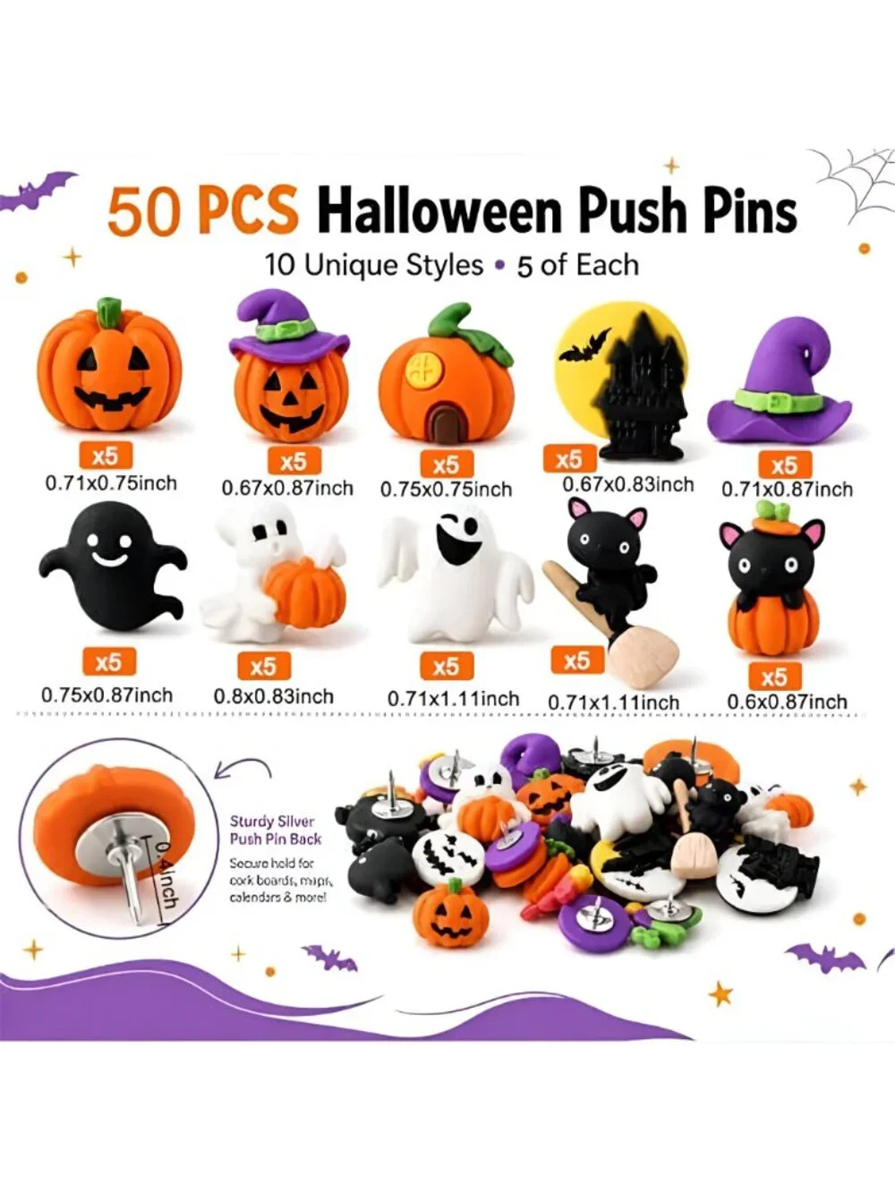 50 Pcs Halloween Themed Pushpins Funny Ghost Castle White Cat Decorative Tacks
